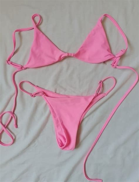 Zaful Padded Plain String Bikini Swimsuit Hot Pink Women S Fashion