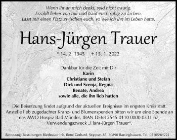 Traueranzeigen Von Hans J Rgen Trauer Trauer Anzeigen De