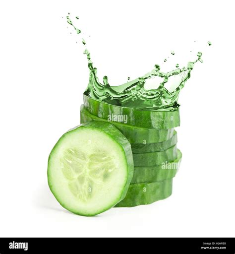 Fresh Cucumber Slices With Water Splash Isolated On White Background