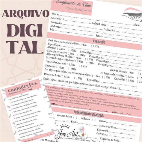 Anamnese Alongamento de Cílios Cuidados arquivo Digital