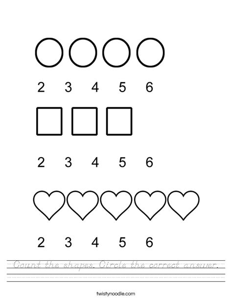 Count The Shapes Circle The Correct Answer Worksheet Dnealian Twisty Noodle