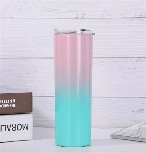 20oz Gradient Colors Skinny Tumbler With Straw Slid Lid Stainless Steel