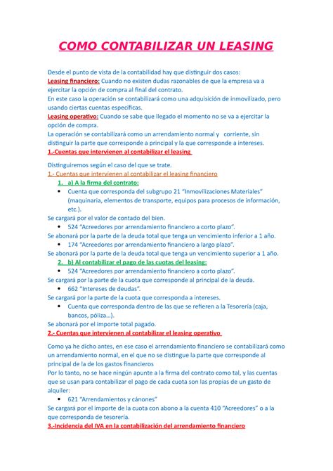 COMO Contabilizar UN Leasing COMO CONTABILIZAR UN LEASING Desde El