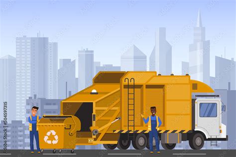 Garbage truck and workers of municipal service work on city street with buildings vector ...