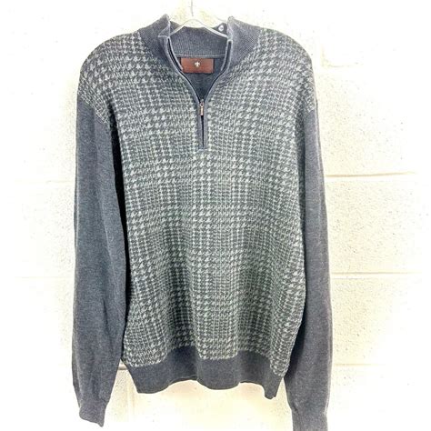 Toscano Mens Mock Neck Zip Sweater Merino Wool Blend Houndstooth Sz