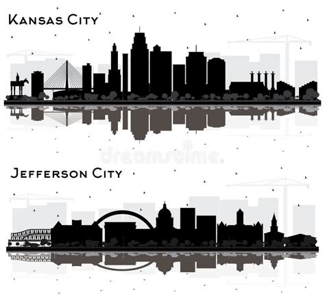 Jefferson City and Kansas City Missouri Skyline Silhouette Set Stock ...