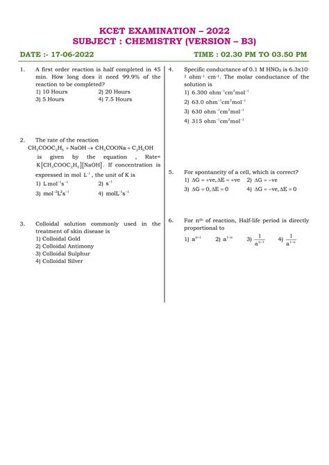 Kcet 2021 Chemistry Question Paper And Solutions