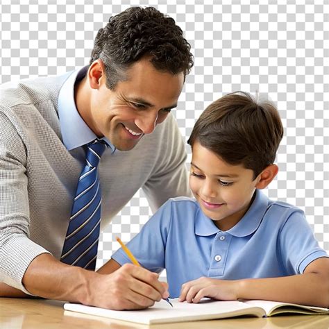 Un maestro y un niño escribiendo juntos en un libro Día de los Maestros