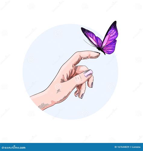 Mariposa Volando Al Dedo De La Mano De La Chica Ilustración del Vector