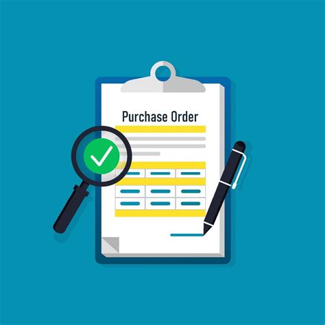 Purchase Order Form With Magnifying Glass And Pen Isolated With Blue