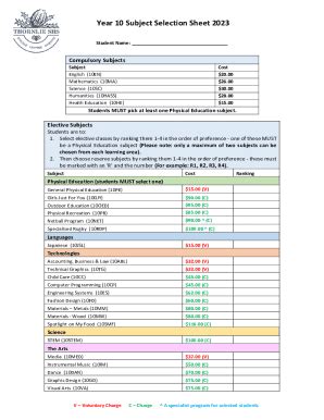 Fillable Online Year 10 Costing Sheet 2023 Final Fax Email Print