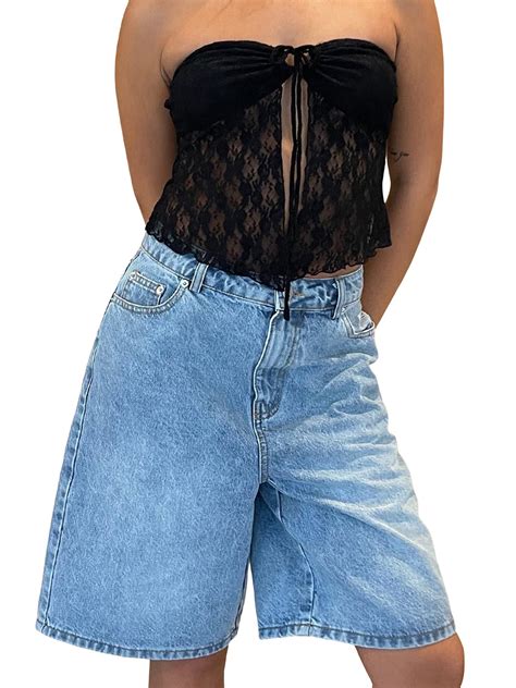 Women Y K Baggy Bermuda Jean Shorts Wide Leg Long Denim Shorts Vintage