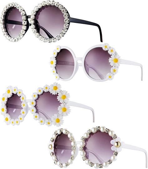 Frienda 4 Pieces Daisy Sunglasses Daisy Flower Rhinestone Sunglasses Vintage Round