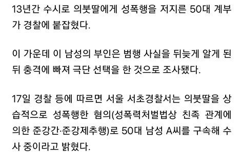 13년간 의붓딸 성폭행한 50대 계부부인은 충격에 극단선택 오리광장 뉴덕