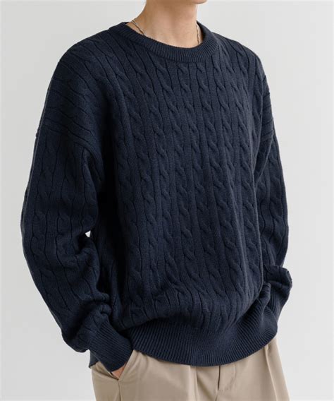 MUSINSA LEMAIN SECOND Overfit Volume Washable Crew Neck Cable Knit Navy