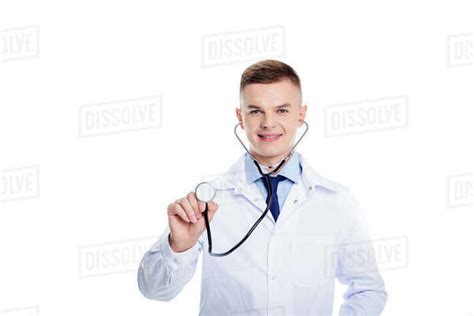 Male Doctor In White Coat With Stethoscope Isolated On White Stock