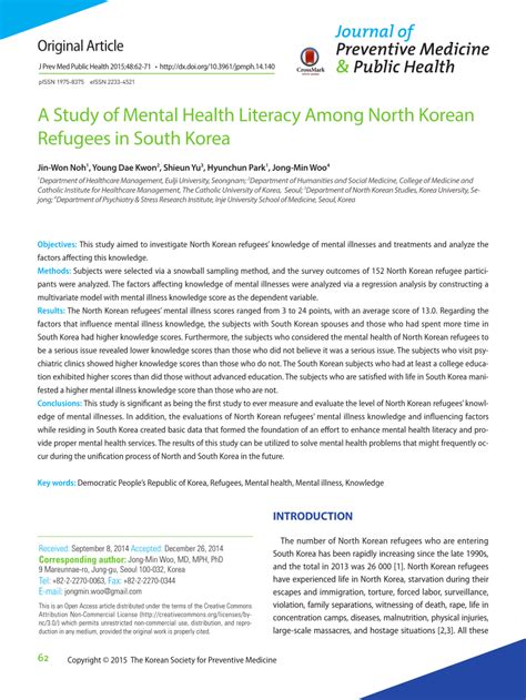 (PDF) A Study of Mental Health Literacy Among North Korean Refugees in