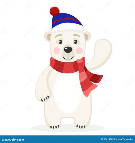 Polar Bear In A Scarf And Hat Waving His Paw On A White Stock Vector