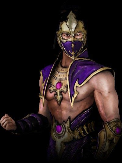 A Man In Purple And Gold Armor With His Hands Out