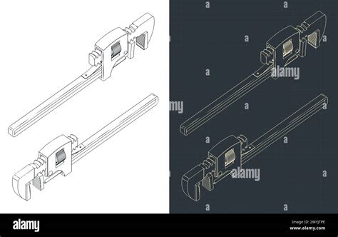 Stylized Vector Illustrations Of Isometric Blueprints Of Pipe Wrench