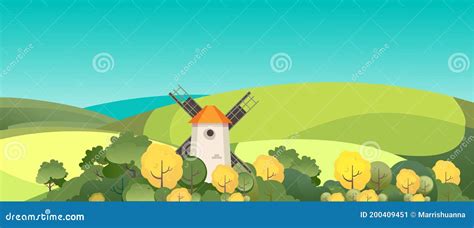 Countryside With Windmill Cartoon Vector Cartoondealer