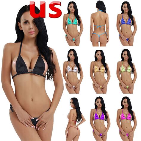 US Women S Shiny Metallic Bikini Set Micro Mini Bra And G String Thongs