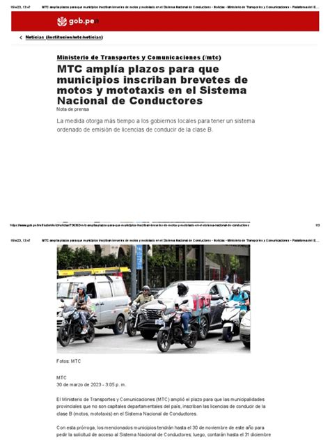 Mtc Amplía Plazos Para Que Municipios Inscriban Brevetes De Motos Y