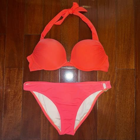 Joyce Leslie Swim Coral Pink Super Padded Halter Bikini Top Bottom