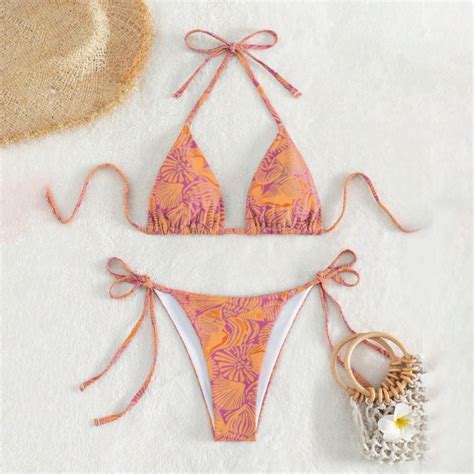 Awdenio Swimsuit Coverup For Women Floral Bikini Sets Smocked Drawstring Side Triangle Halter