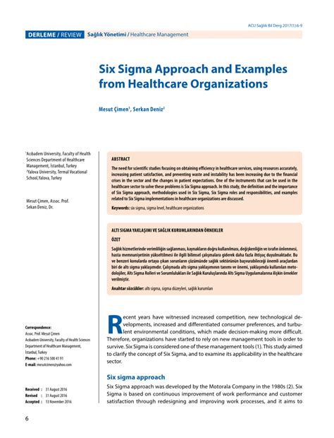 Pdf Six Sigma Approach And Examples From Healthcare Organizations