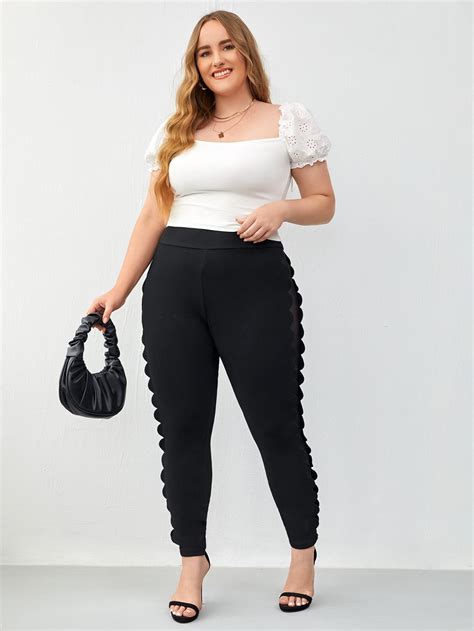 Shein Plus Sheer Mesh Insert Scallop Trim Leggings Shein Usa