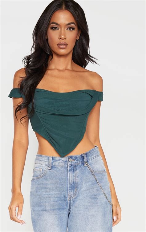 Dark Green Corset Mesh Bardot Top Tops Prettylittlething