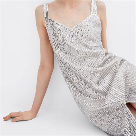 Zara Sequin Dress Size S เดรสปักเลื่อมสีเงิน กลิตเตอร์ Bnpsch Thaipick