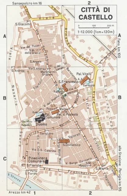 C3863 CITTÀ DI Castello Pianta della città Mappa epoca Vintage map