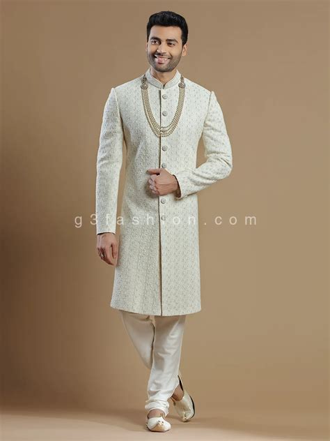 Cream Fabulous Raw Silk Groom Wear Sherwani G3 MSH7016 United States