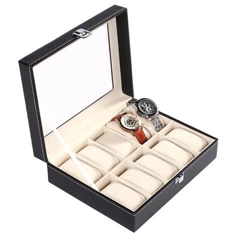 HOMDOX Black PU Leather 10Grid Professional Wrist Watch Display Box