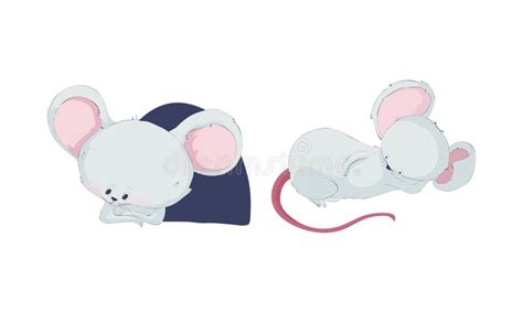 Cute Funny Mouse Characters Set Lovely Little Mice Sitting In Hole And