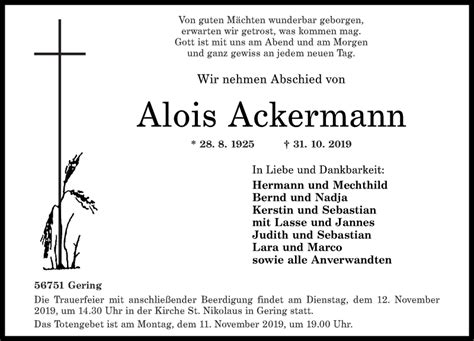 Traueranzeigen Von Alois Ackermann Rz Trauer De