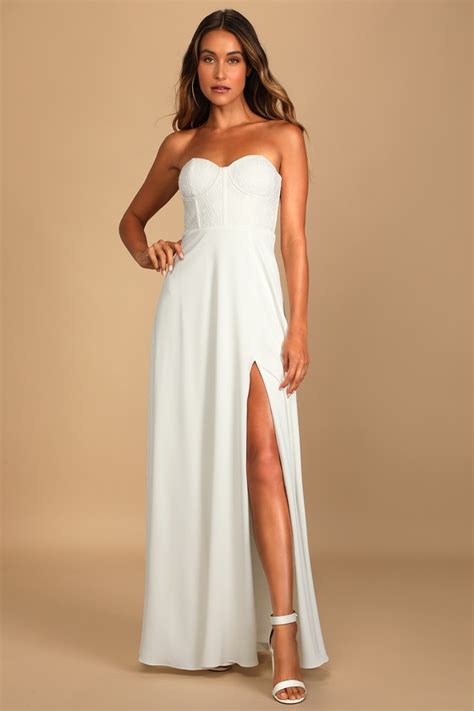 White Maxi Dress Bustier Maxi Dress Strapless Lace Dress Lulus