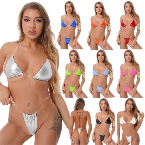 Womens Transparent Strap Bikini Suit Wet Look Patent Leather Two Piece