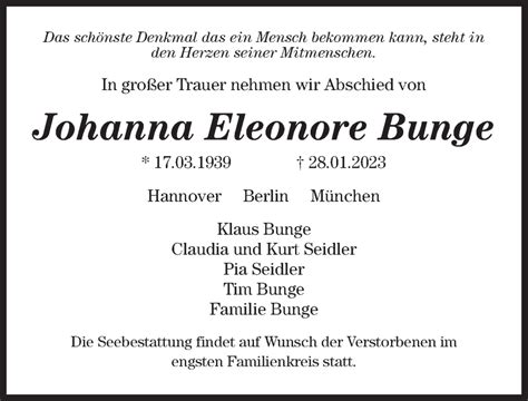 Traueranzeigen Von Johanna Eleonore Bunge Trauer Anzeigen De