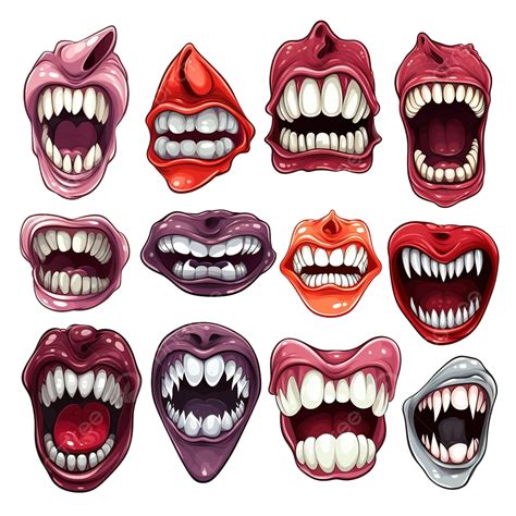 Cartoon Halloween Scary Monster Mouths With Teeth And Tongue Fangs