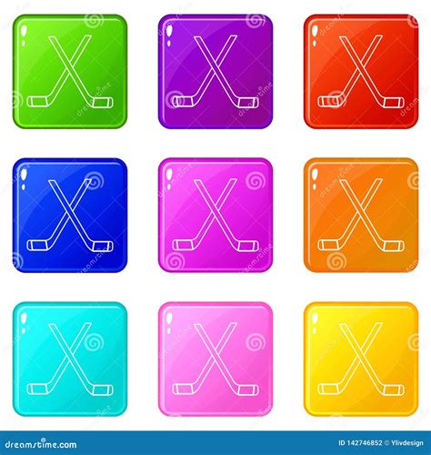 Two Crossed Hockey Sticks Icons Set 9 Color Collection Stock Vector