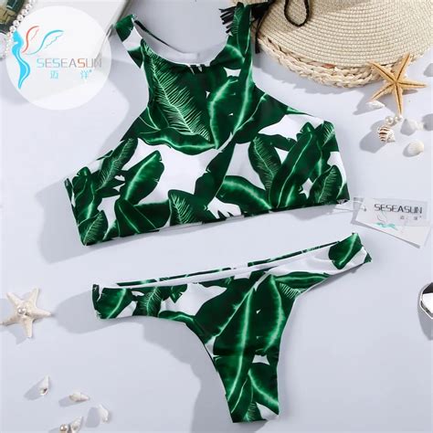 Seseasun High Neck Two Piece Bikinis Set Green Leaf Print Ladies