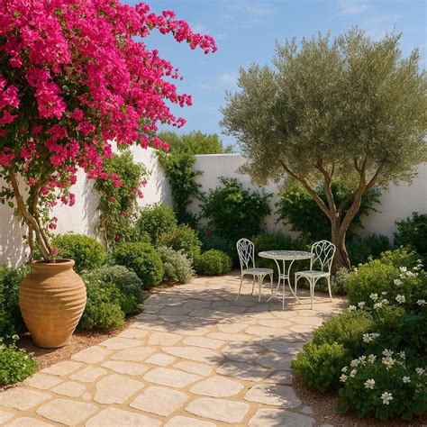 Charming Greek Courtyard | Front yard garden with olive tree, Front