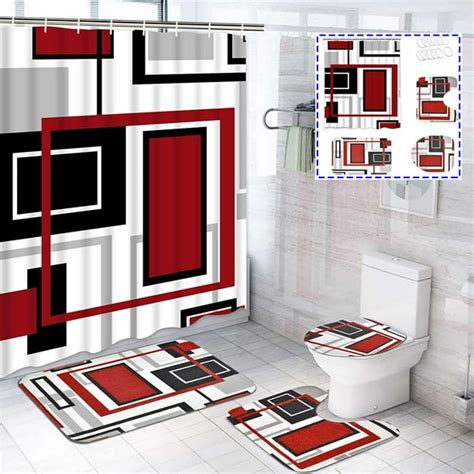 Framics Red Black Geometric Pattern Polyester Shower Curtain And Rug