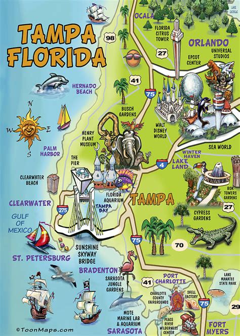 Tampa Florida Cartoon Map Painting by Kevin Middleton