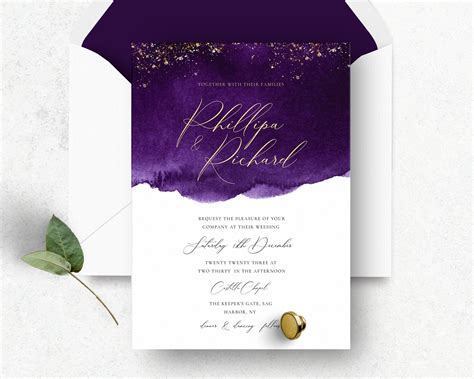 Purple And Gold Wedding Invitation Template Modern Wedding Etsy