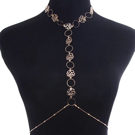 New Sexy Jewelry Gold Color Hollow Rose Flower Body Chains For Women