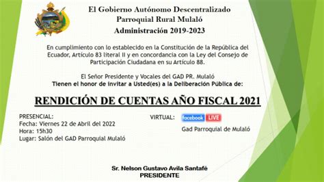 Rendición De Cuentas 2021 Gad Parroquial Mulalógad Parroquial Mulaló